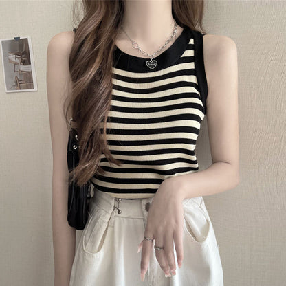 Sleeveless Striped Knit Crewneck Tank Top