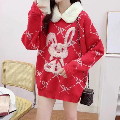 Rabbit Fur Collar Long Sleeve Knit Loose Sweater