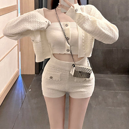 Long Sleeve Cardigan Knit Tube Top Shorts Set