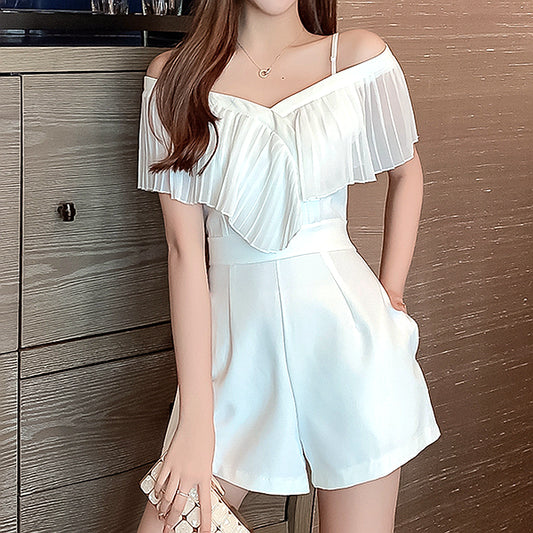 V-Neck Waist Pocket Suspender Jumpsuit Shorts