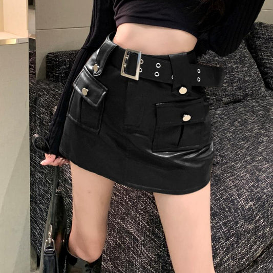 Metal Buckle Belt High Waist Pocket A-Line Leather Skirt