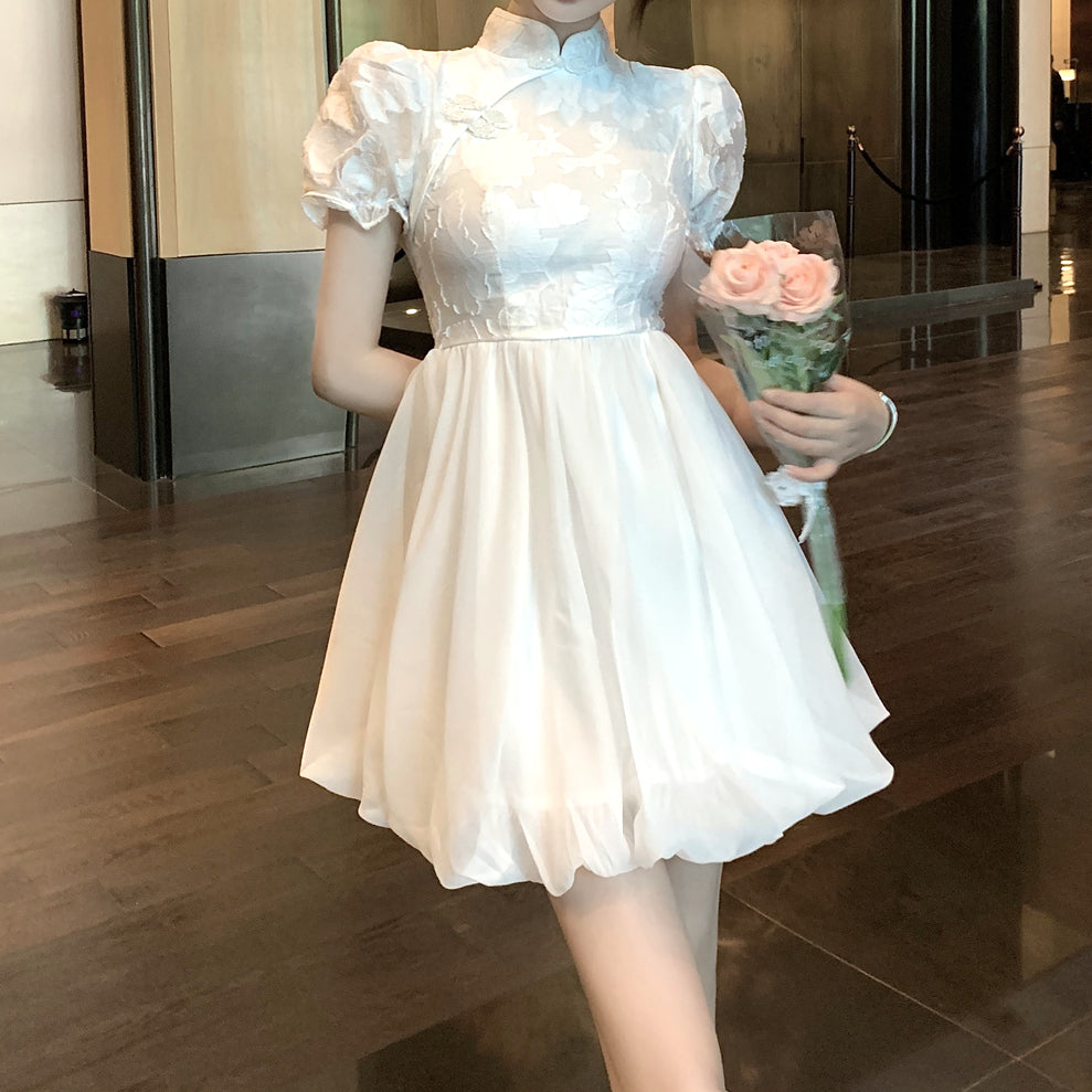 High Waist Puff Sleeve Jacquard Bud Qipao Dress