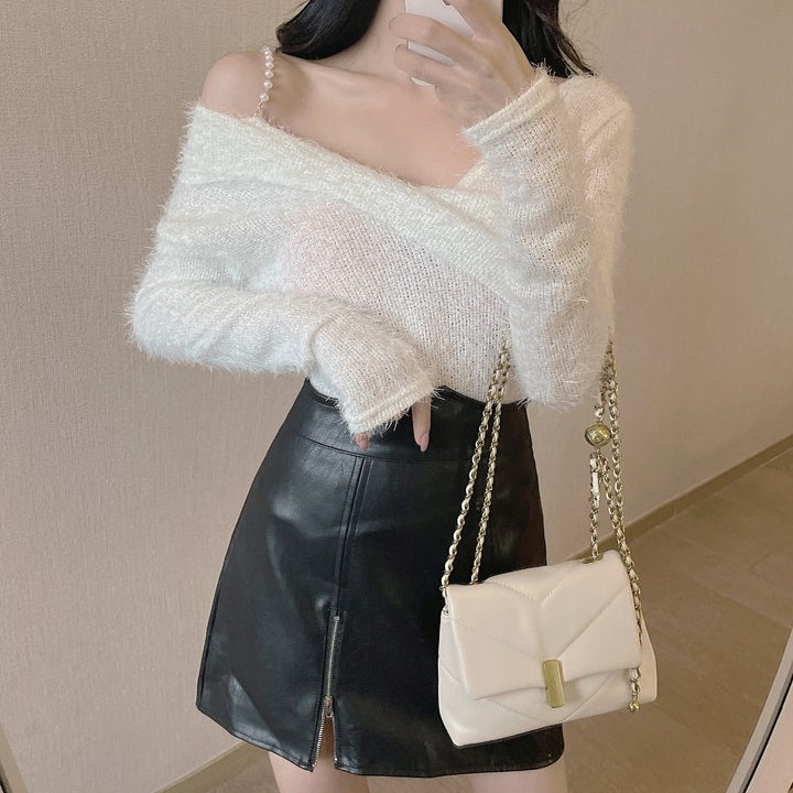 One Shoulder Cross Top Zip Leather Skirt Set