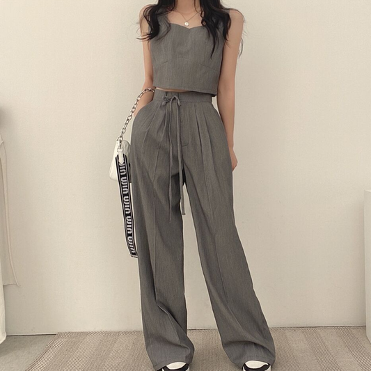 Sleeveless Vest Drawstring Wide-Leg Pants Set