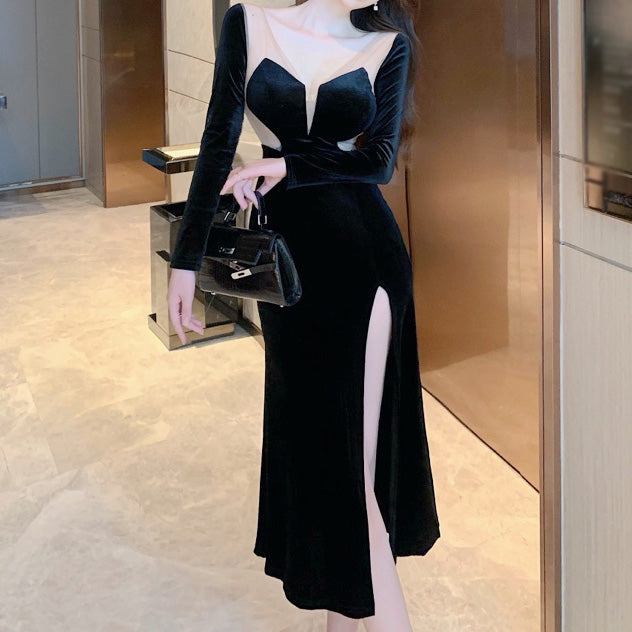 High Waist Slit Slim Fit Long Sleeve Homecoming Black Dress