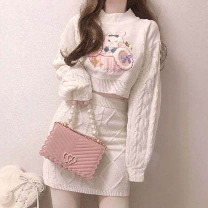 Twist Long Sleeve Rabbit Sweater Knit Skirt Set