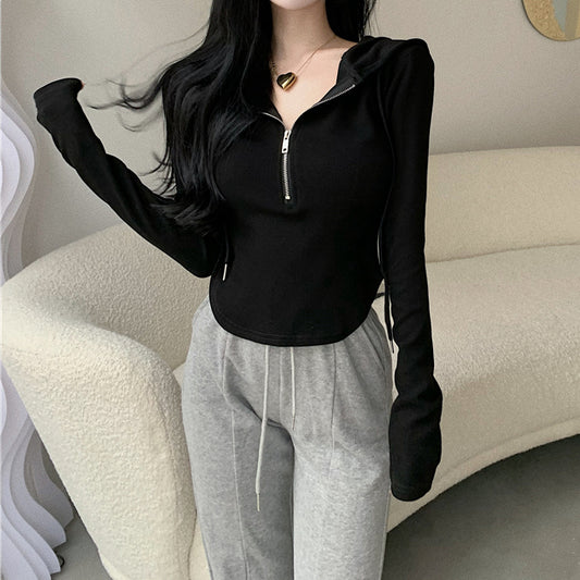 Zipper Hooded Irregular Long Sleeve T-Shirt