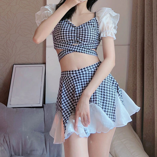 Houndstooth Short Sleeve Sexy Split Swimsuit