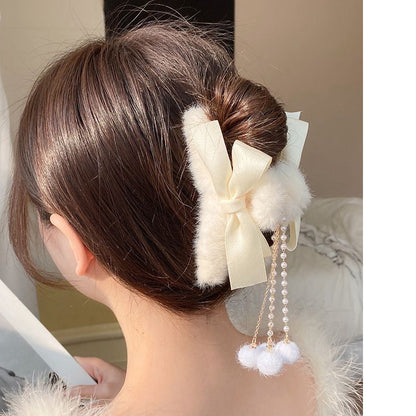 Bow Plush Pearl Tassel Shark Hair Clip