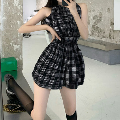 Plaid Casual High-Rise Jumpsuit Shorts  Romper