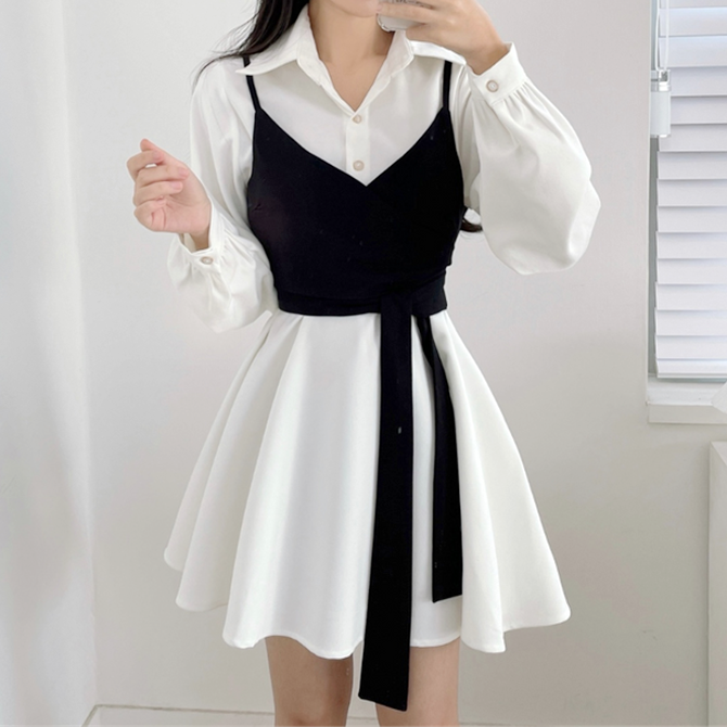 70% Lace Up Crop Top Long Sleeve Shirt Dress Set