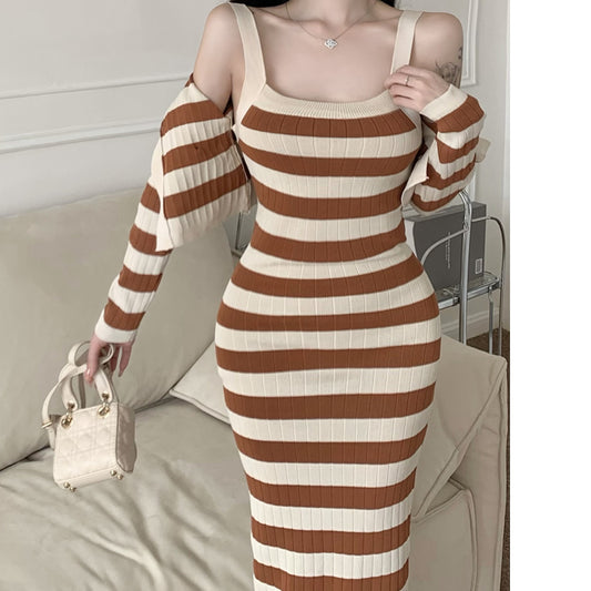 Striped Waist Long Cami Dress Knitted Cardigan Set