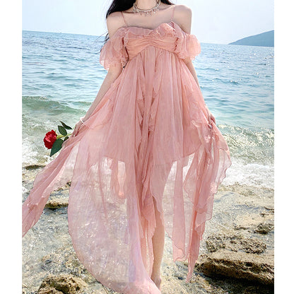 Ruffles Irregular Beach Holiday Pink Dress