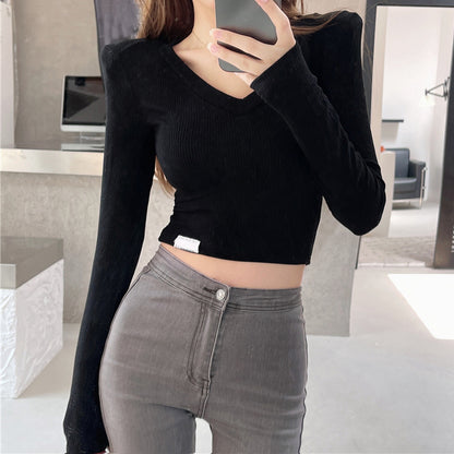 V-Neck Casual Slim Stretch Crop Top T-Shirt