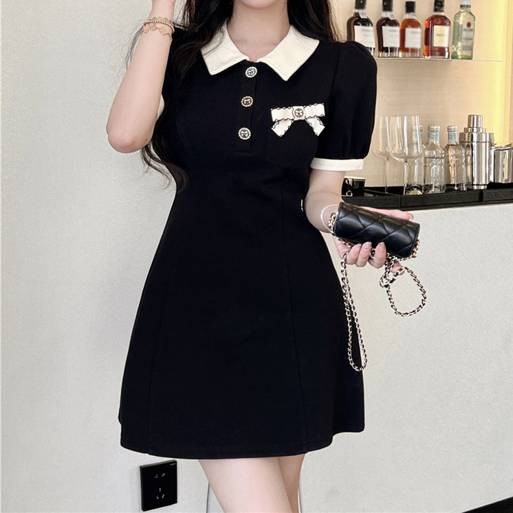 Bow Knot Polo Neck Short Sleeve Casual Dress