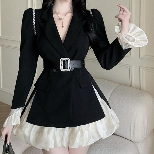 Belt Puff Sleeve Blazer Top High Waist Puff Skirt Set