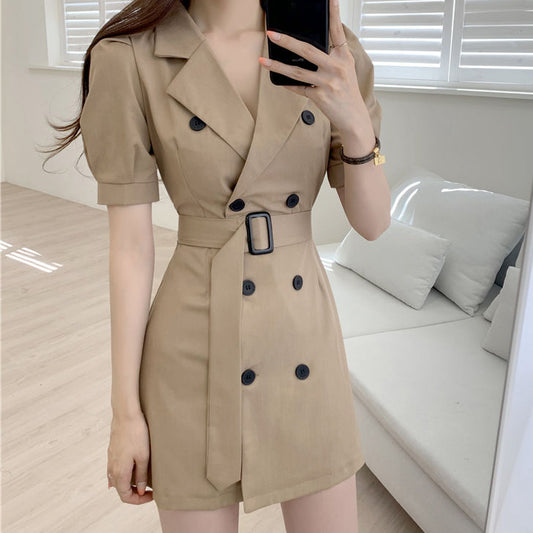 Lapel Belt Puff Sleeve Button Suit Dress