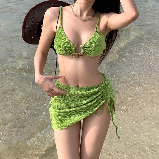 Metal Ring Sexy Green Bikini Swimsuit Set