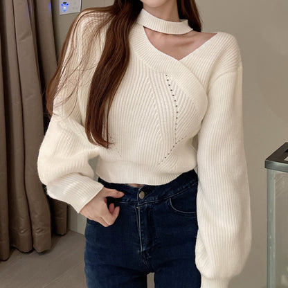 V-Neck Puff Sleeve Warm Knitted Sweater Top