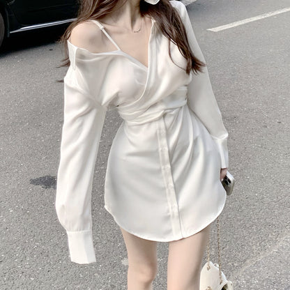 Satin Off Shoulder Long Sleeve Shirt Dress