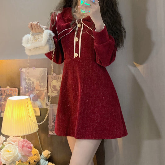 Bow Neck Long Sleeve Button Dress