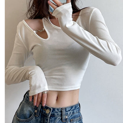 Hollow Long-Sleeve Skinny Cropped T-Shirt Top