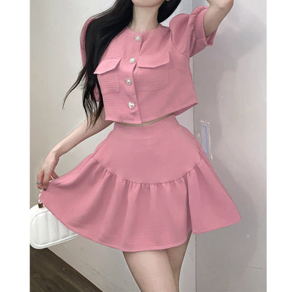 Puff Sleeve Breasted Jacket High Waist A-Line Skirt Set