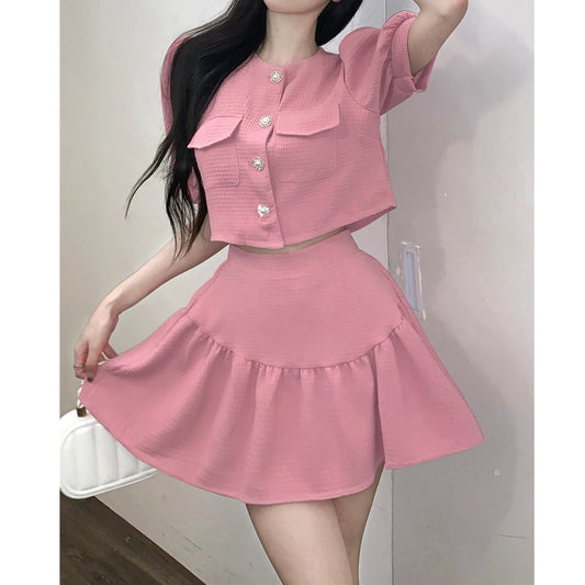 Puff Sleeve Breasted Jacket High Waist A-Line Skirt Set