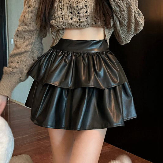 Ruffled Puffy Solid Color High Waist Short Leather Skirt