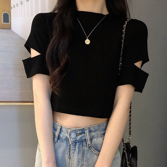 Round Neck Cutout Short Sleeve Loose T-Shirt Top