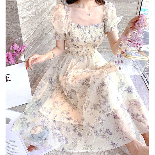 Ink Painting Puff Sleeve Waist Chiffon Floral Dress