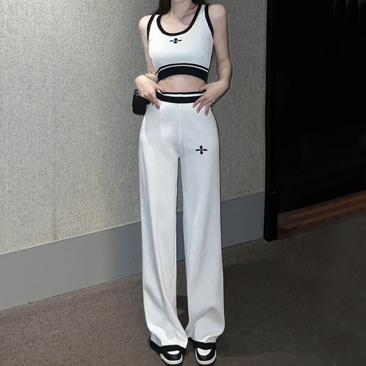 White Tank Top High Waist Long Pants Suit