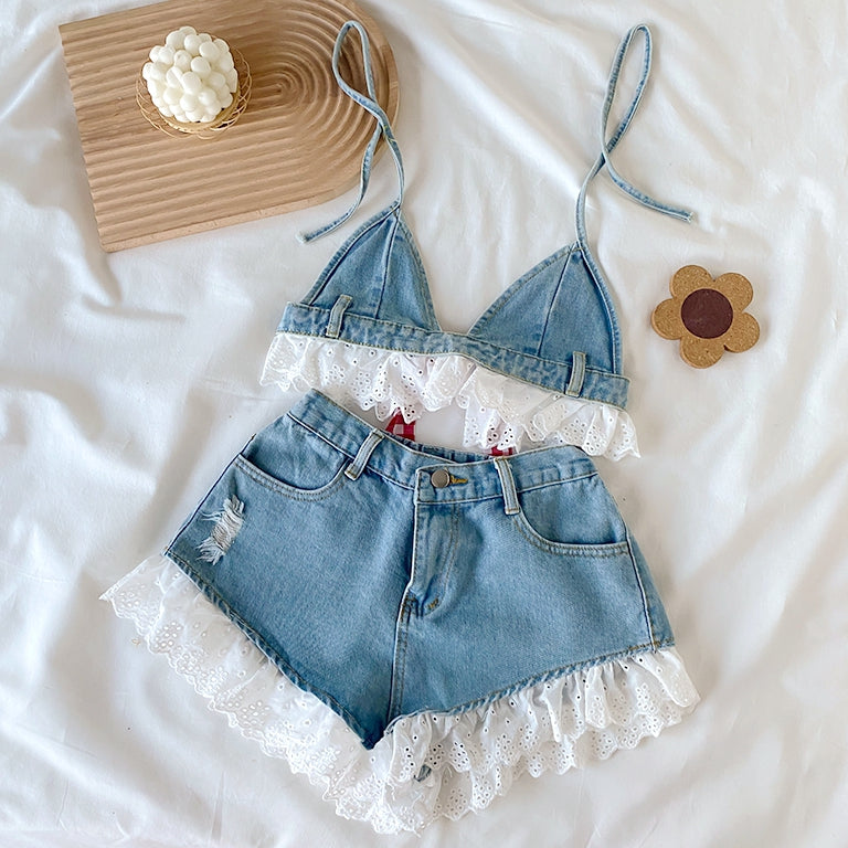 Lace-Trimmed Denim Top Elasticated Waist Shorts Set