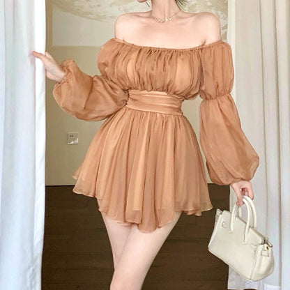 Neck Strapless Long-Sleeved Pleated Dress