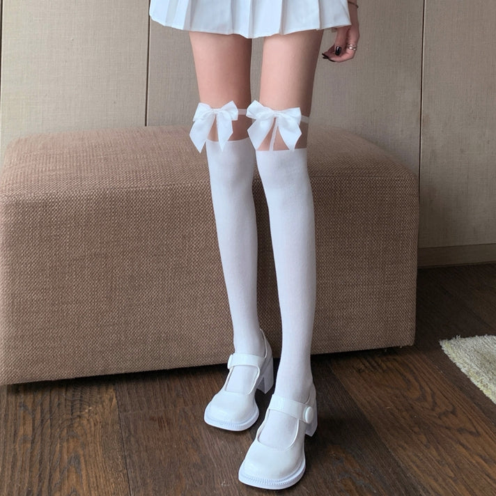 Ribbon Tall Knit Over The Knee Socks