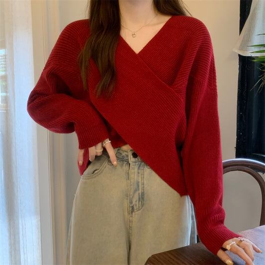 V-Neck Crossover Thermal Long-Sleeve Knitted Sweater