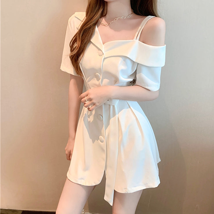 One-Shoulder Belt Waist Short-Sleeved Suit Dress