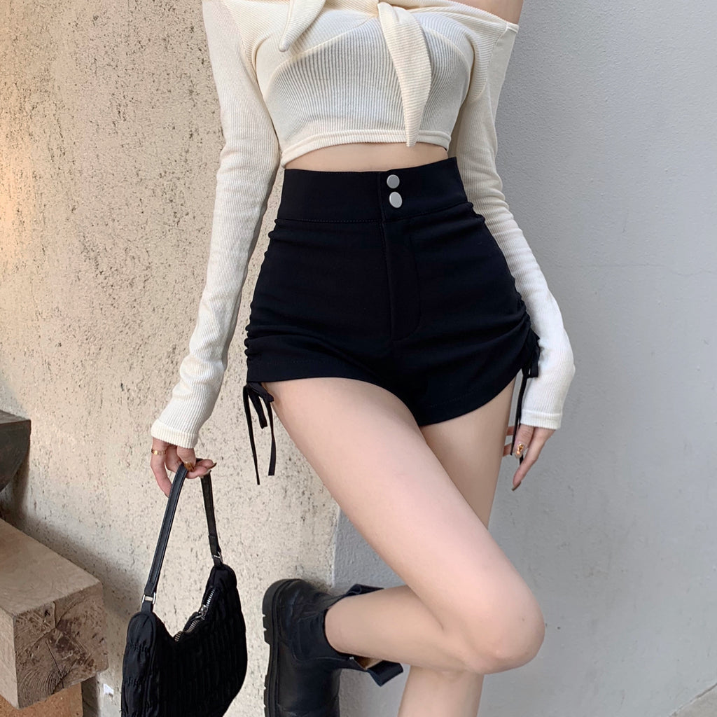 Thick Black Drawstring High Waist Suit Shorts