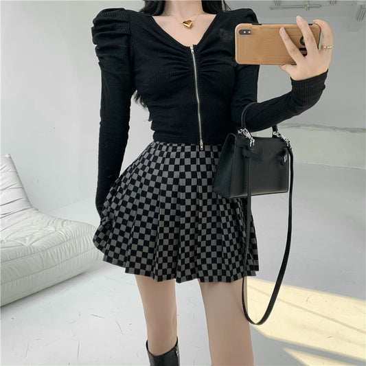 V-Neck Puff Sleeve Knit Top Checkerboard Skirt