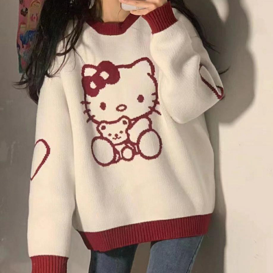 Loose soft contrast color cartoon hello kitty knit sweater top – DRESSVY