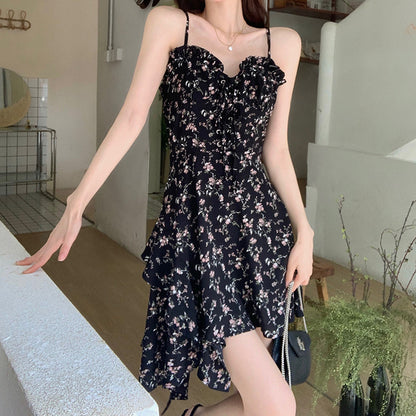 Irregular Slim Black Suspender Floral Dress