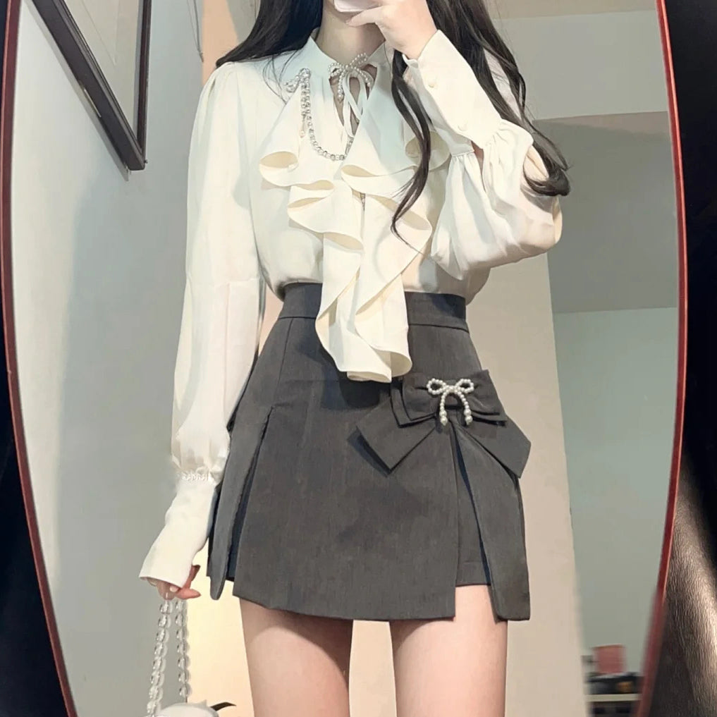 Chain Long Sleeve Shirt Bowknot Skirt Set