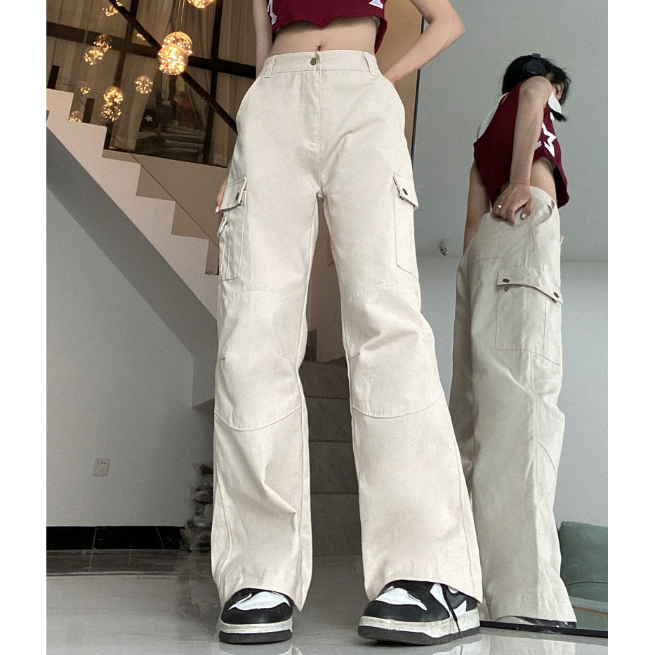 Studded Pocket Cargo Straight Leg High Rise Trousers