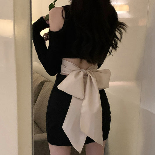 Back Lace Up Bow Long Sleeve Slit Black Dress