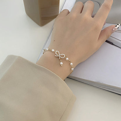 Bow Rhinestone Pearl Alloy Fashion Bracelet