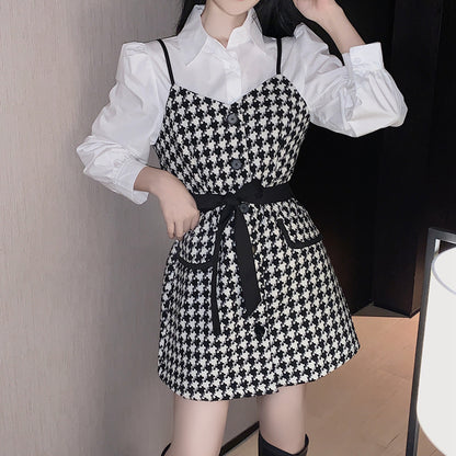 Houndstooth Lace Up Suspender Dress White Shirt Set