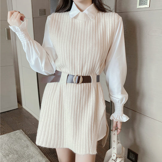 Sleeveless Knit Vest Flared Sleeve Lapel Shirt Set