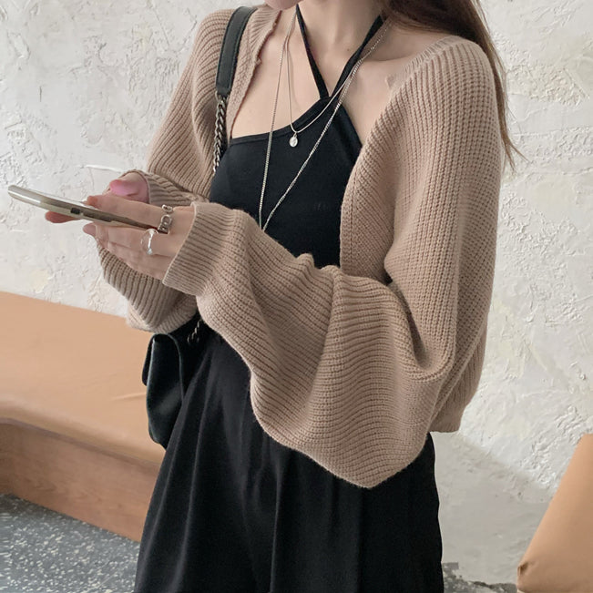 Solid Color V-Neck Long-Sleeved Knitted Cardigan Top