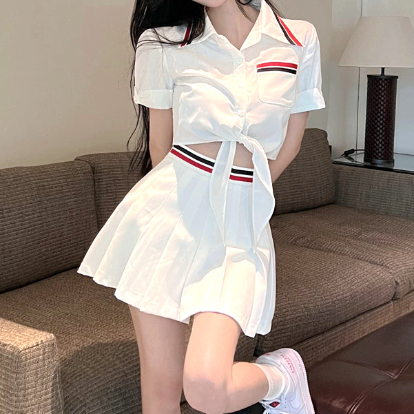 Lace-Up Short-Sleeved Shirt Pleated Skirt Set