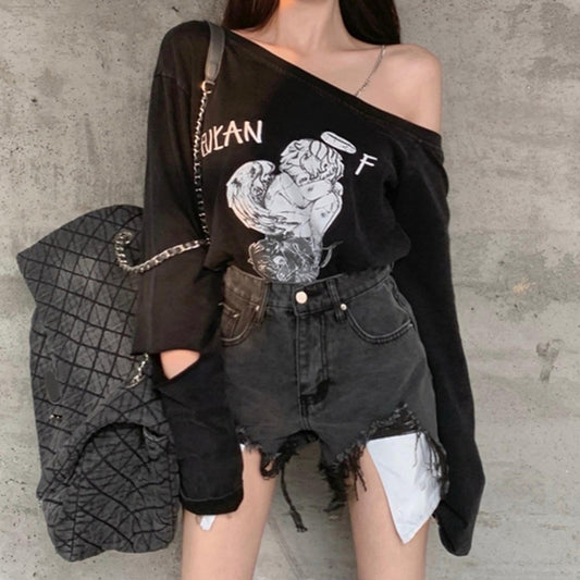 Slanted Collar Loose Off Shoulder Long Sleeve T-Shirt